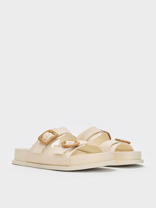 Sandalias con doble tira y hebilla de tejido, Blanco tiza, hi-res