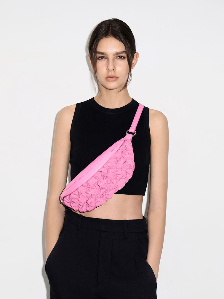 Ruched Nylon Bum Bag, Pink, hi-res