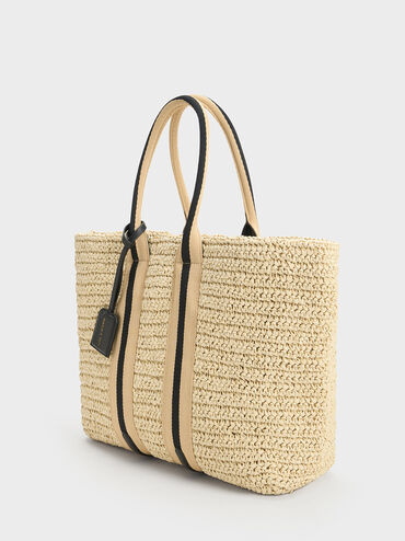 Striped Handles Raffia Tote Bag, Black, hi-res