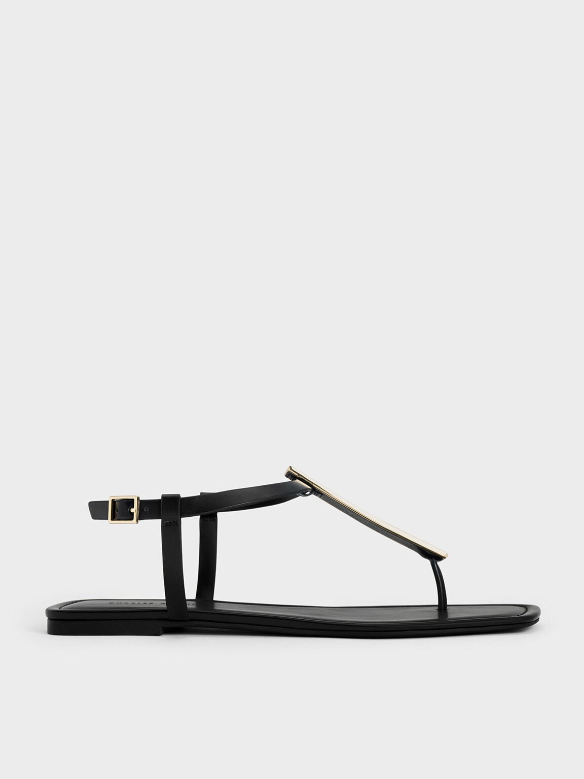 Metallic Accent T-Bar Thong Sandals, Black, hi-res