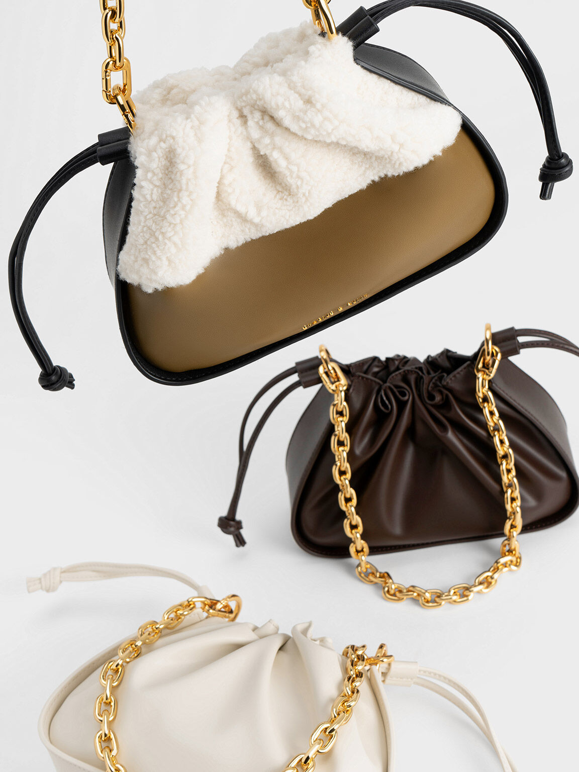 Ruched Chain Handle Drawstring Bag, Chalk, hi-res