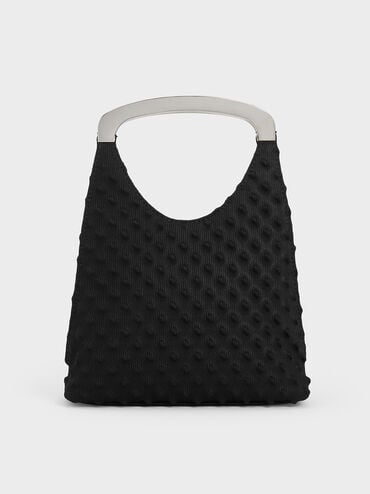 Spike Textured Metallic-Handle Bag, Noir, hi-res