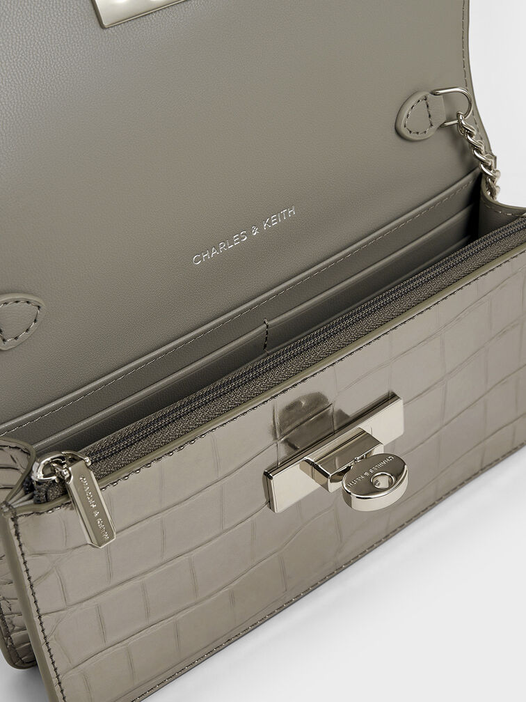 Samantha Metallic Croc-Effect Chain-Embellished Crossbody Bag, Pewter, hi-res