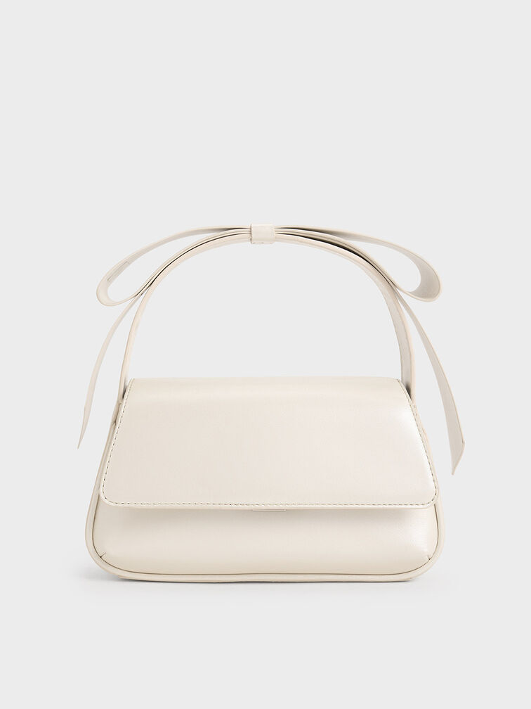 Bolso de cuero con asa superior y lazo, Blanco, hi-res