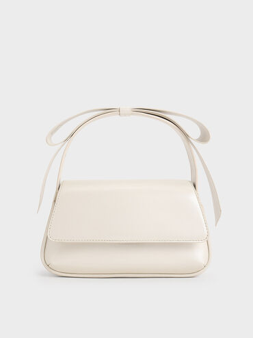 Bolso de cuero con asa superior y lazo, Blanco, hi-res