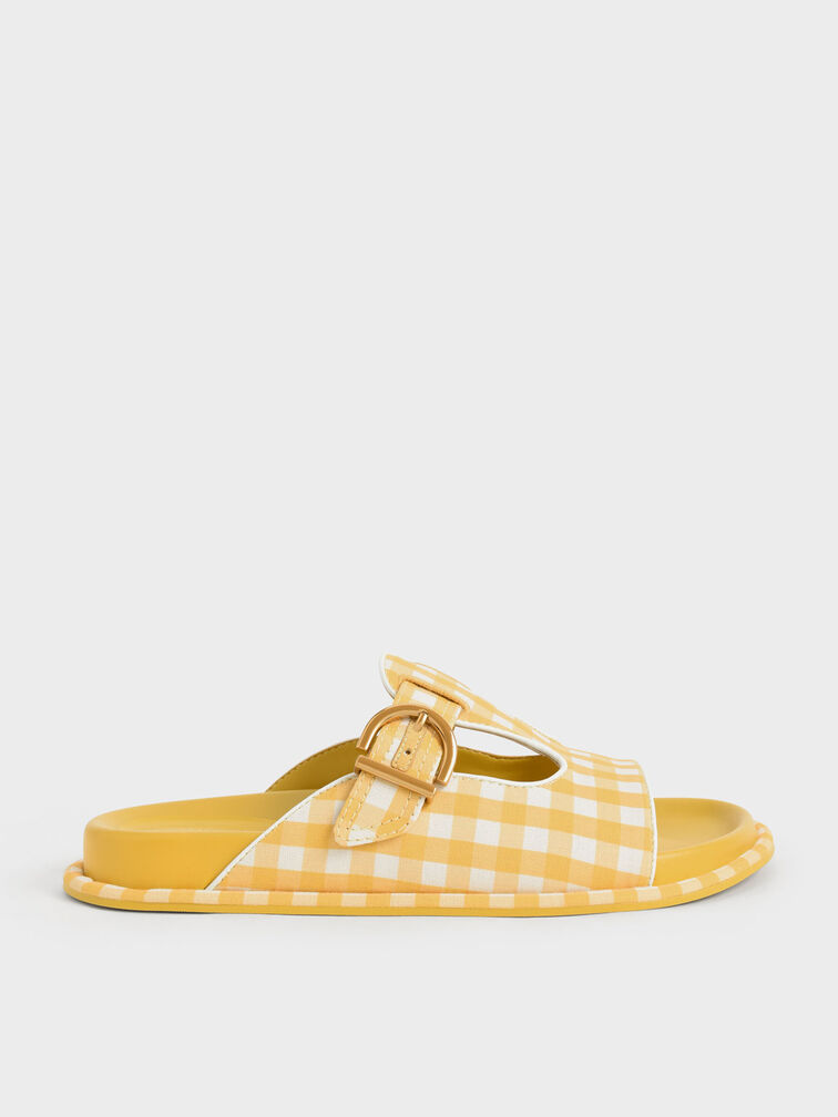 Cut-Out Linen Gingham-Print Buckled Slides, Yellow, hi-res