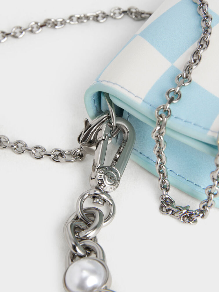 Chain Handle Checkered Vanity Pouch, Light Blue, hi-res