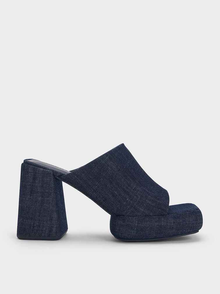 Lucile Denim Block-Heel Platform Mules, Dark Blue, hi-res