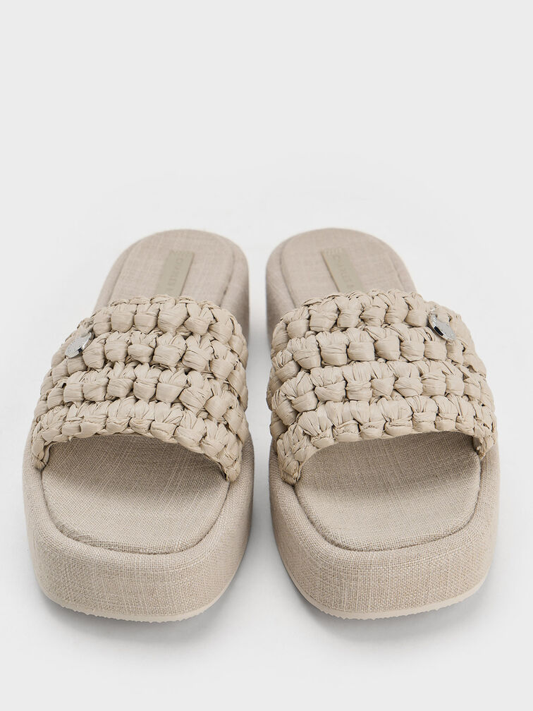 Raffia Woven Flatform Sandals, Beige, hi-res