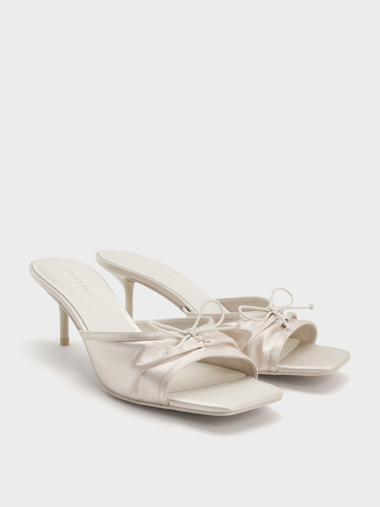 Satin Ruched Bow Heeled Mules, Chalk, hi-res