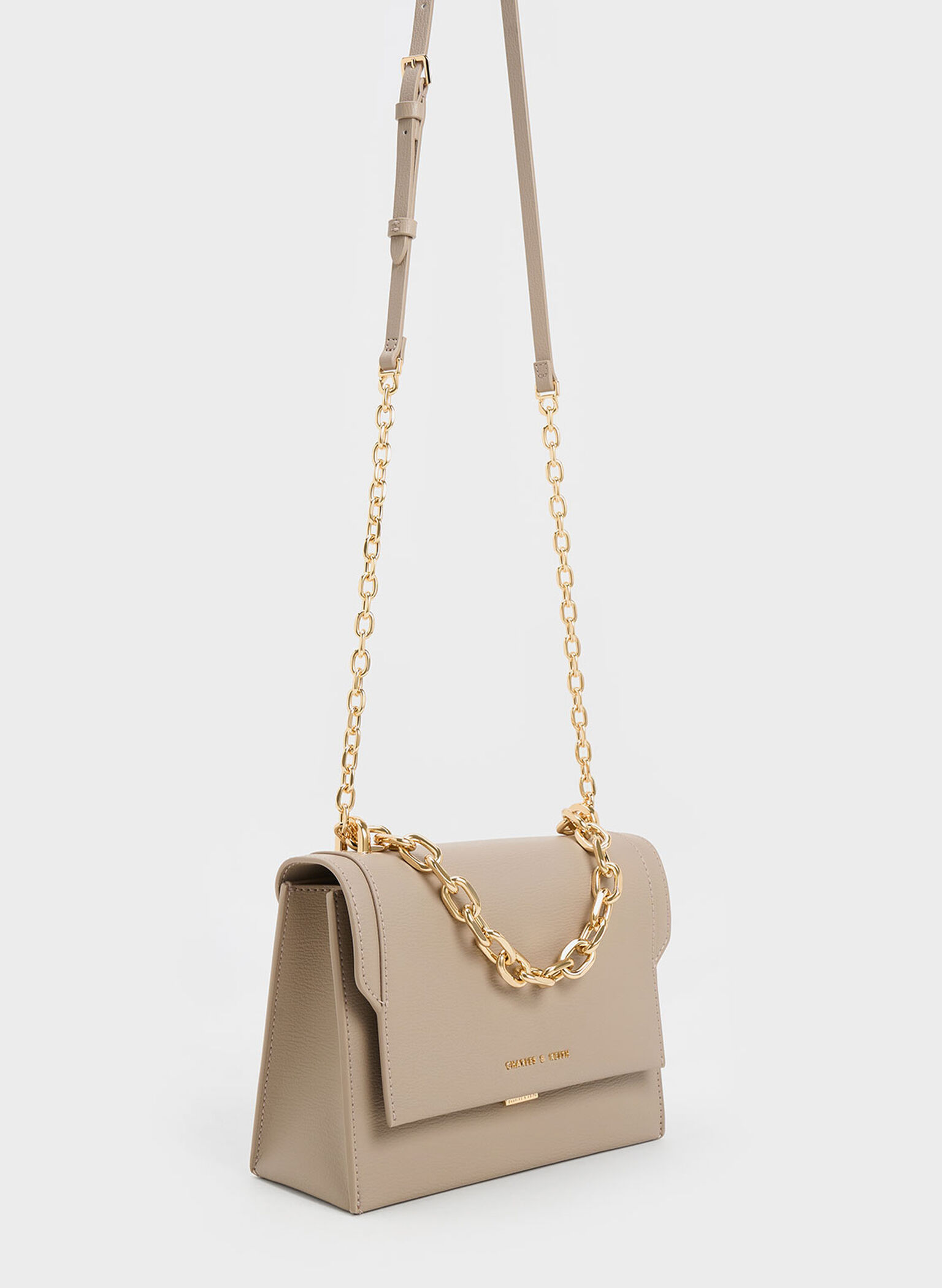 Taupe Front Flap Chain Handle Crossbody Bag - CHARLES & KEITH SG