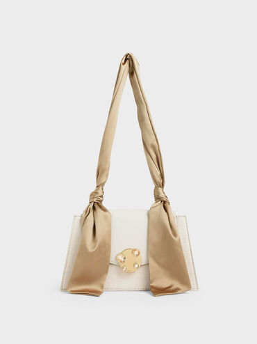 Satin Top Handle Croc-Effect Shoulder Bag, Cream, hi-res