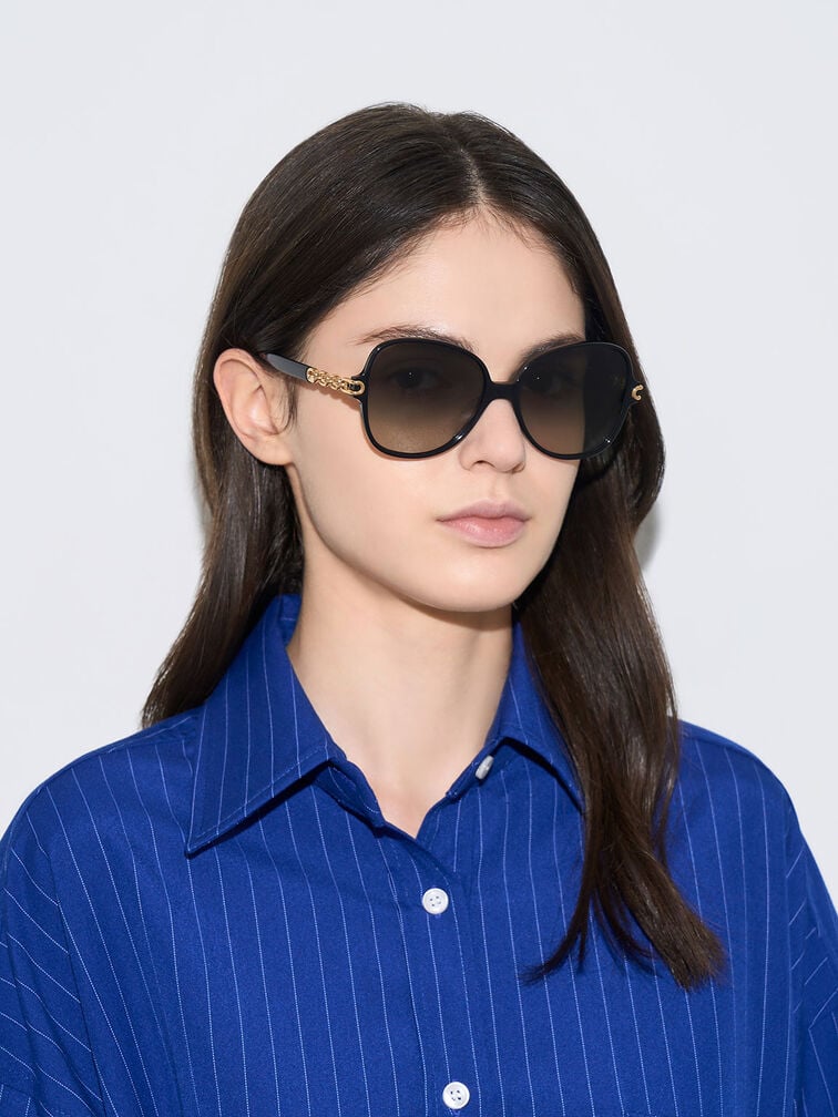 Lunettes de soleil papillon oversize à maillons de chaîne, Noir, hi-res