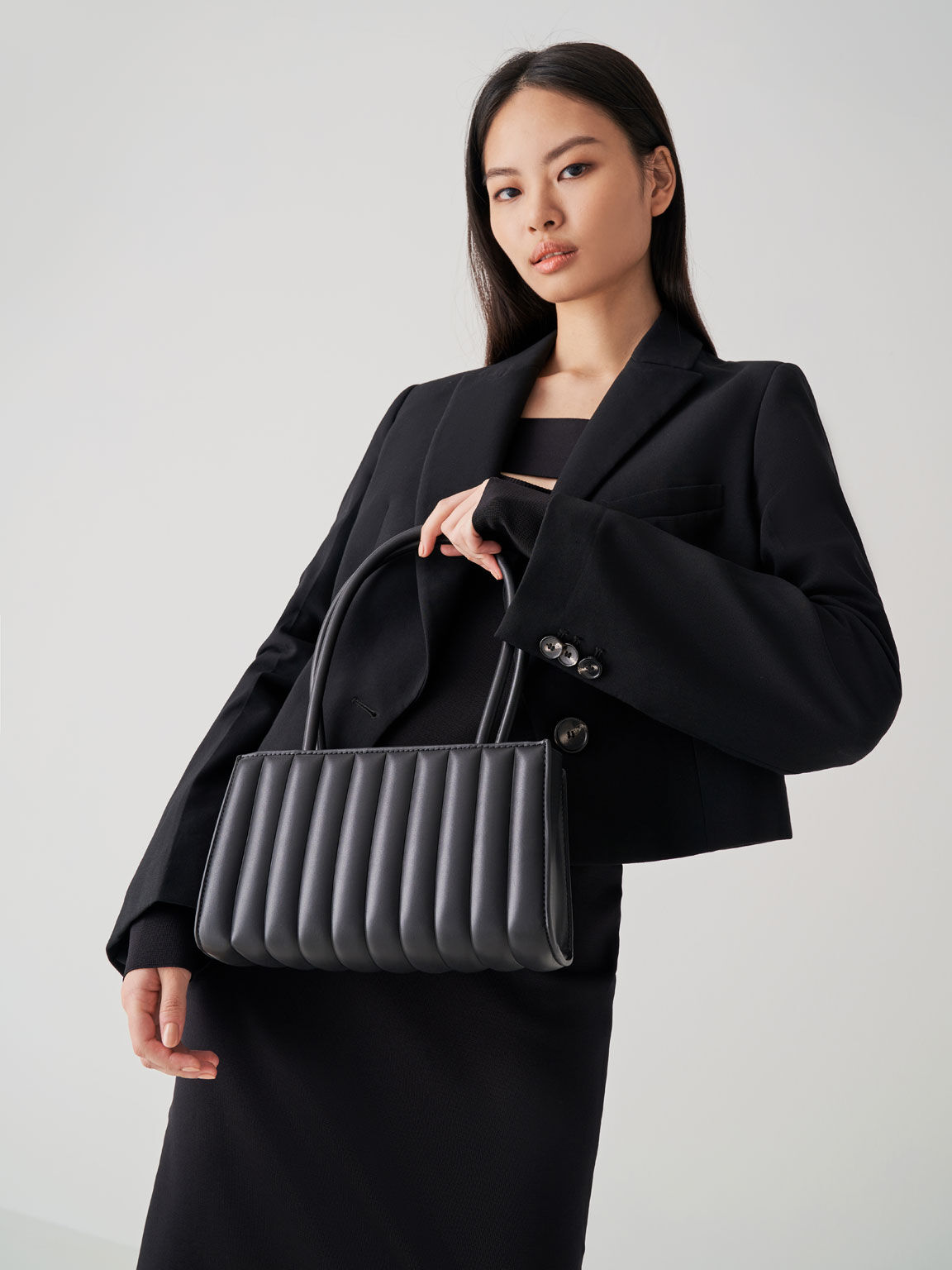Pleated Double Handle Tote Bag - Black