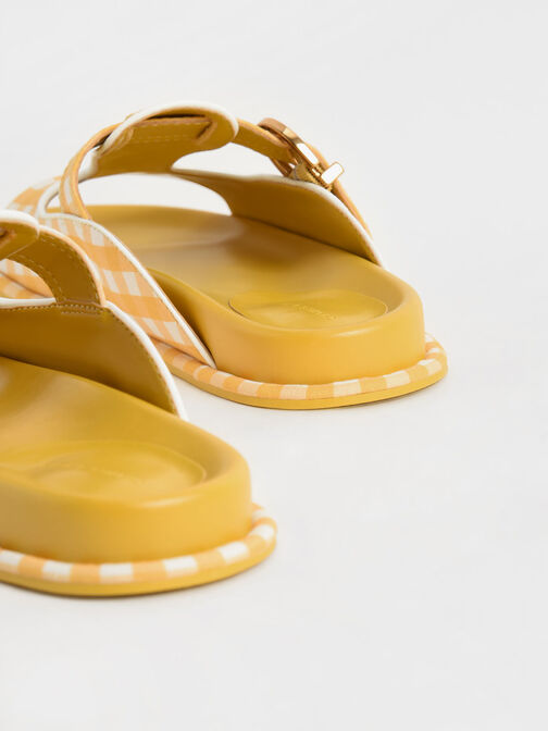 Cut-Out Linen Gingham-Print Buckled Slides, Yellow, hi-res