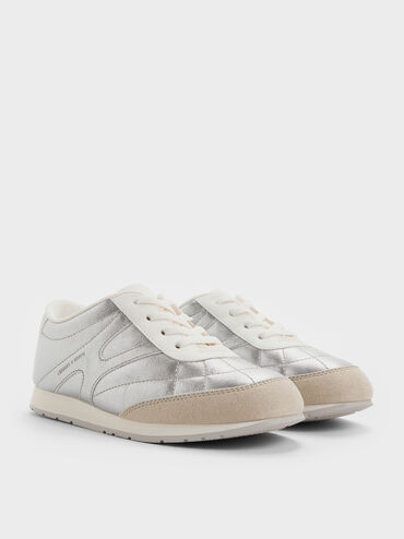 Girls' Faux Suede Metallic Low-Top Sneakers, Silver, hi-res