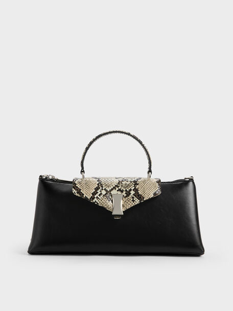 Lilibet Snake-Print Elongated Top Handle Bag, Animal Print Natural, hi-res