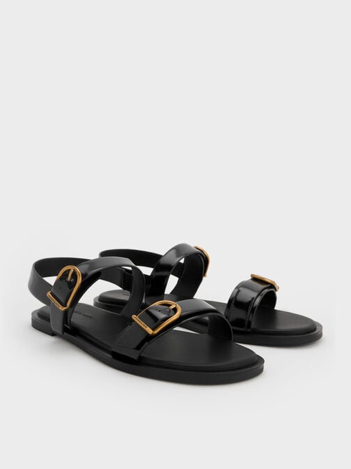 Double Buckle-Strap Slingback Sandals, Black Box, hi-res