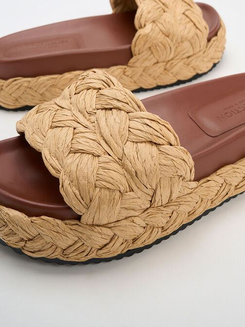 Tali Raffia Braided Slides, Dark Brown, hi-res