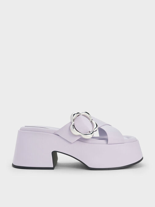 Flower-Buckle Crossover Platform Mules, Lilac, hi-res