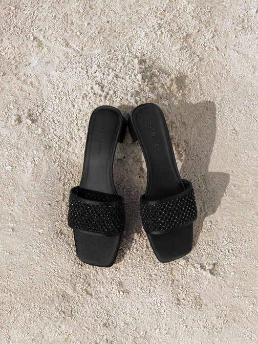 網紗水晶低跟拖鞋, 黑色特別款, hi-res