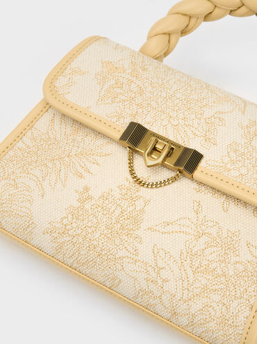 Floral Illustrated Trapeze Bag, Beige, hi-res