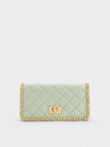 Micaela Quilted Long Wallet, Green, hi-res