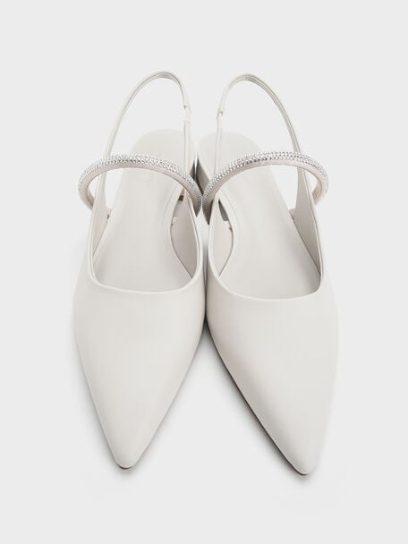 Crystal-Strap Pointed-Toe Slingback Flats, White, hi-res