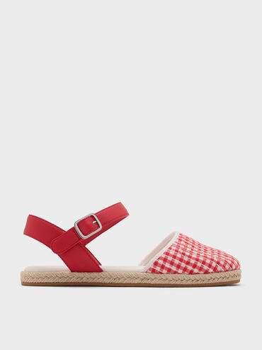 Girls' Gingham Espadrille Flats, Red, hi-res