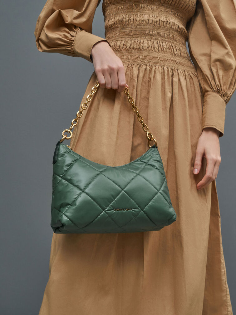 Paffuto Quilted Chain Handle Bag, Dark Green, hi-res