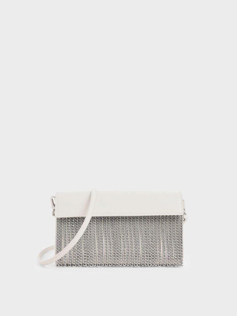 Chain Fringe Clutch, Cream, hi-res