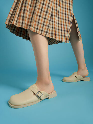Buckled Round-Toe Loafer Mules, Yellow, hi-res