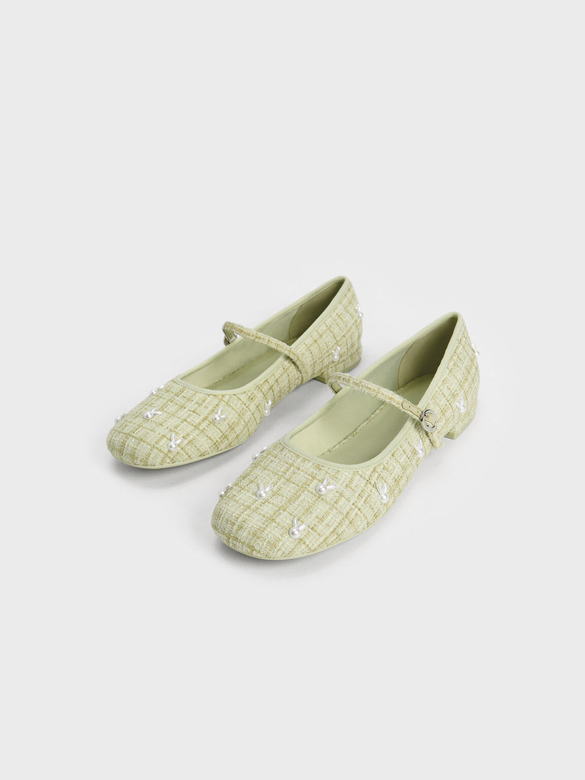 珍珠玉兔毛呢瑪莉珍鞋, 綠色, hi-res