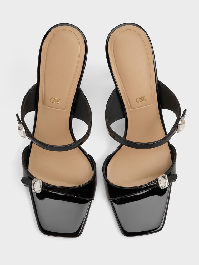 Patent Leather Gem-Buckle Double-Strap Heeled Sandals, Black Patent, hi-res