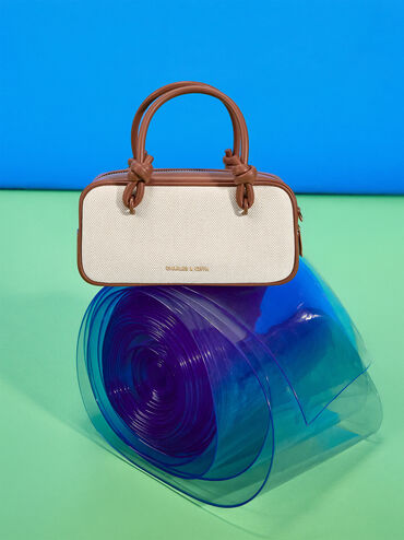 Bolso alargado Sammie de lona con asas anudadas, Lona gris pardo, hi-res
