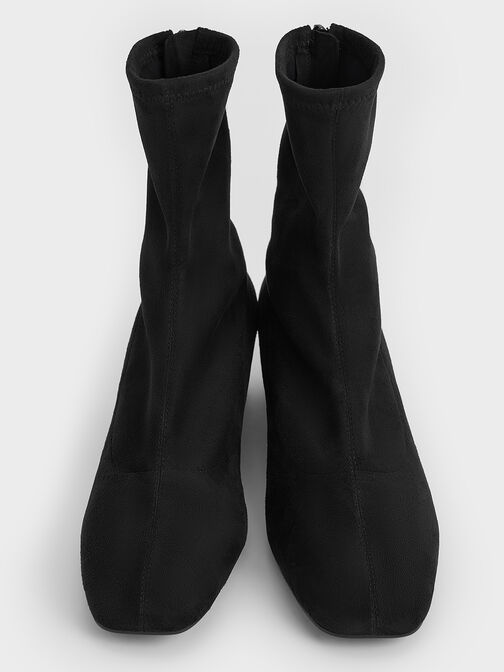 Faux Suede Stitch-Trim Heeled Ankle Boots, Black Textured, hi-res