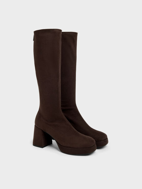 Faux Suede Platform Knee-High Boots, Chocolate Textured, hi-res