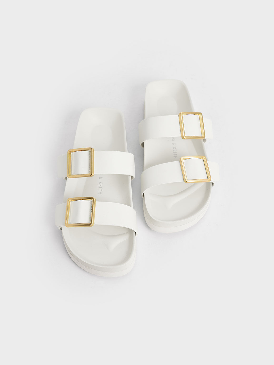 Metallic Buckle Slide Sandals, White, hi-res