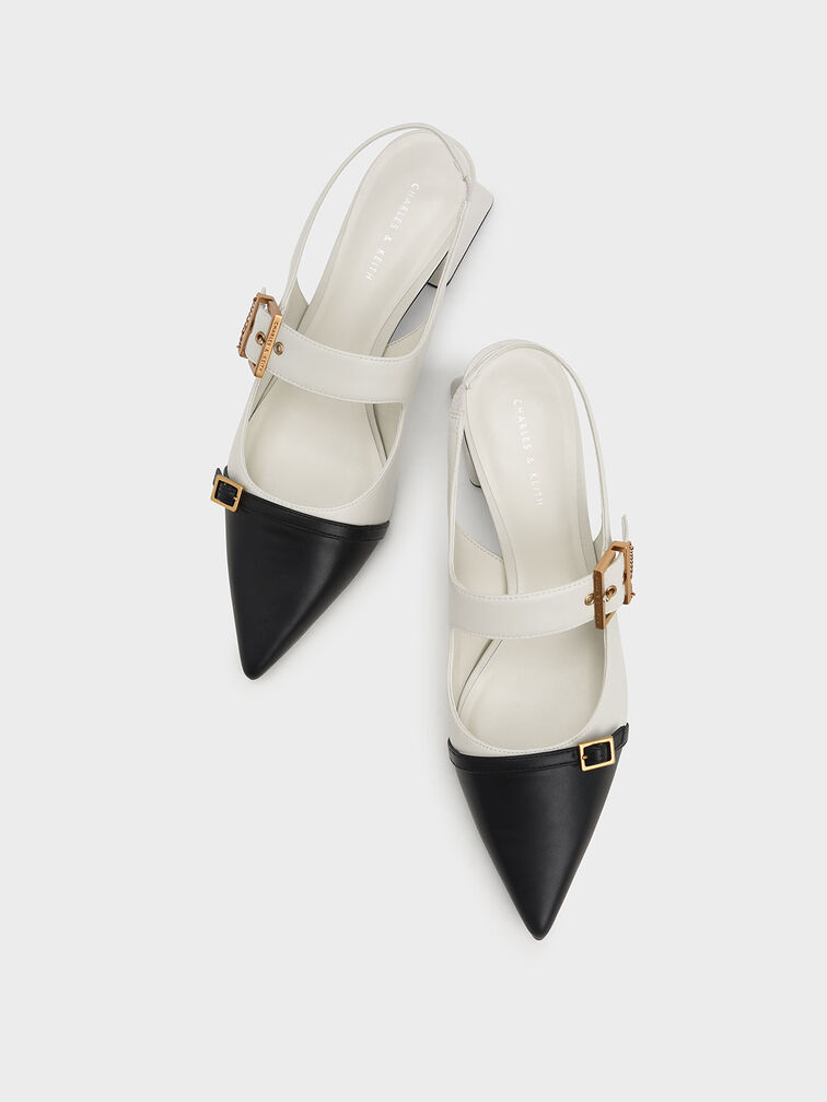 Double Buckle Flare Heel Slingback Pumps, Chalk, hi-res