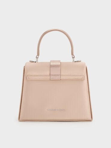Satin Crystal-Buckle Belted Top Handle Bag, Sunset Nude, hi-res