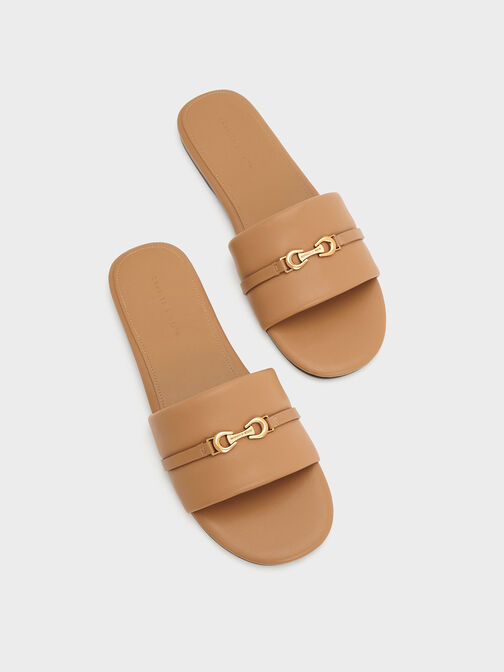 Metallic Accent Round-Toe Slide Sandals, Camel, hi-res