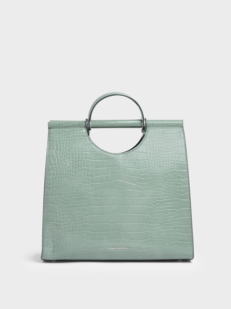 Croc-Effect Double Top Handle Structured Tote, Sage Green, hi-res
