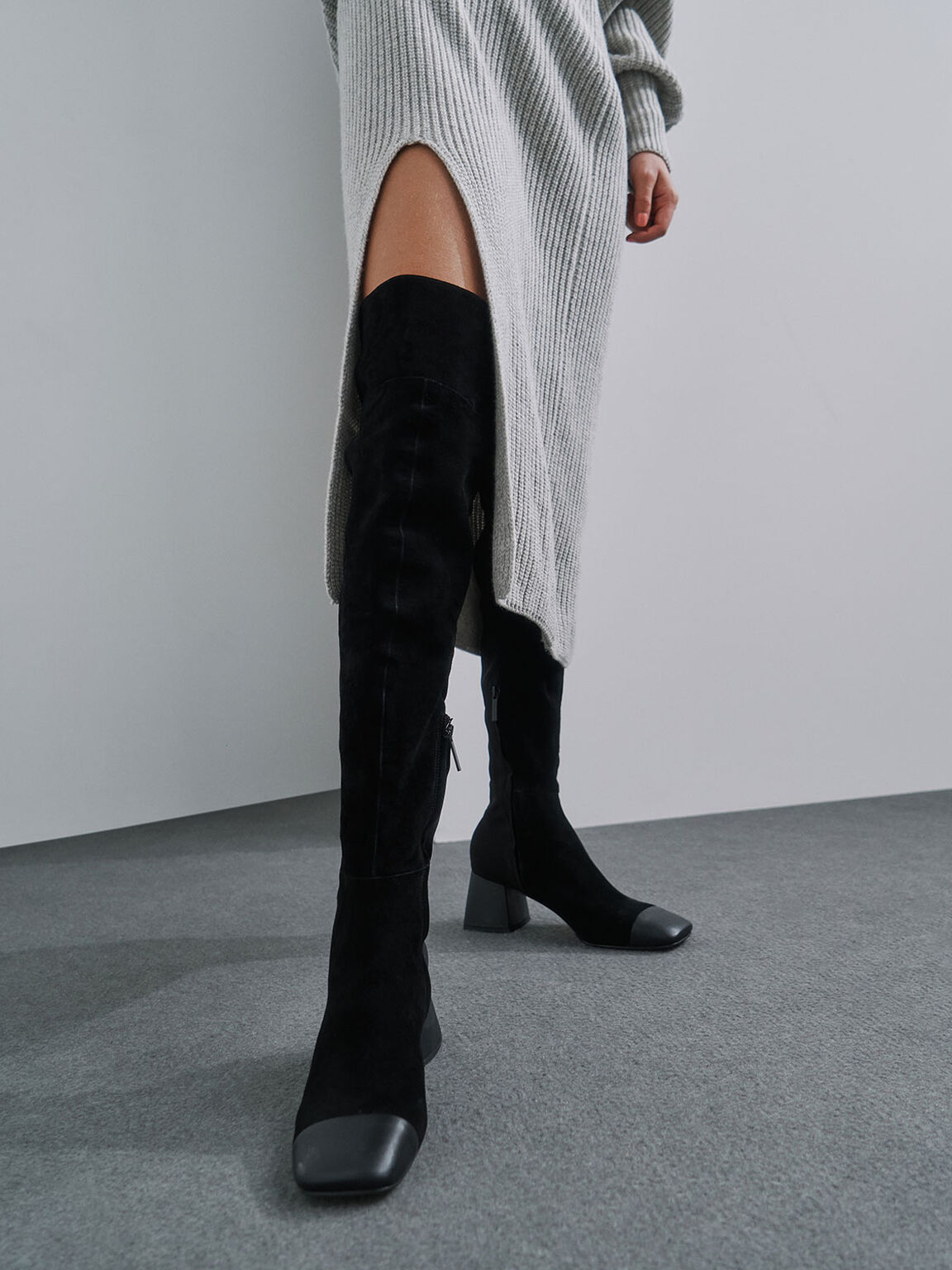 Leather & Kid Suede Thigh High Boots, Black, hi-res