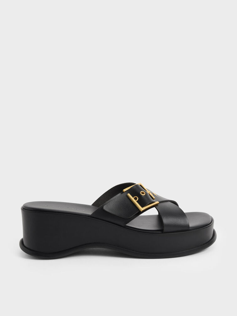 Buckled Crossover Platform Sandals, Black, hi-res