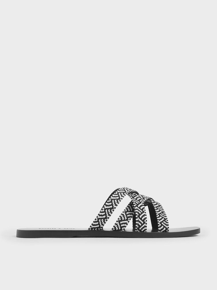 Woven Strappy Slide Sandals, Black, hi-res