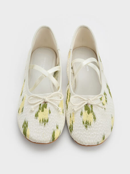 Girls' Mesh-Floral Crossover Ballet Flats, Multi, hi-res