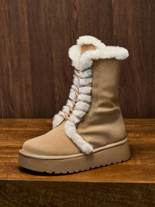 Faux Suede & Faux Fur Foldover Flatform Boots, Sand, hi-res