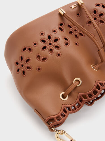 Leather Embroidered Bucket Bag, Cognac, hi-res