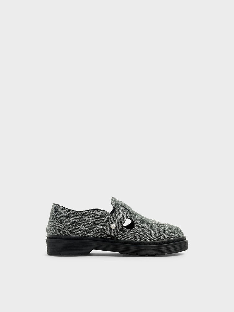 Girls' Woven Fabric Embellished Loafers, Dark Grey, hi-res