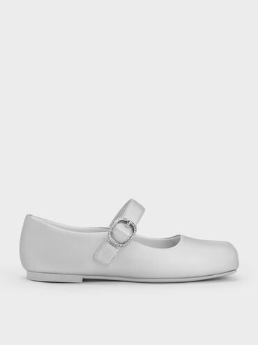 Girls' Pearlescent Crystal-Buckle Square-Toe Mary Jane Flats, Silver, hi-res